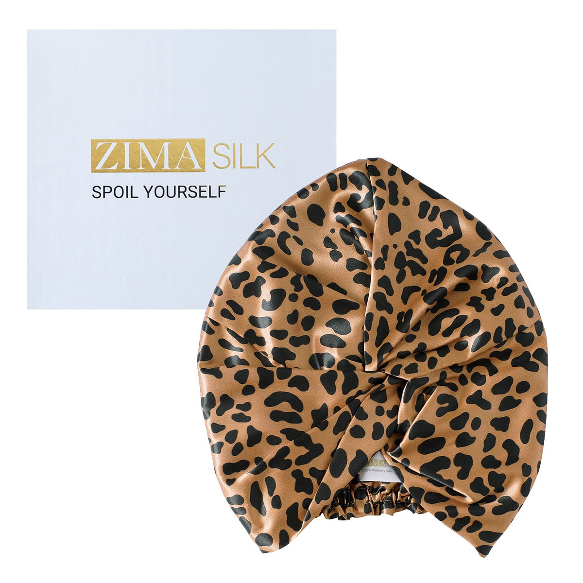 ZIMASILK 22 Momme silk bonnet in leopard black for smooth, frizz-free mornings.