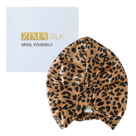 ZIMASILK 22 Momme silk bonnet in leopard black for smooth, frizz-free mornings.