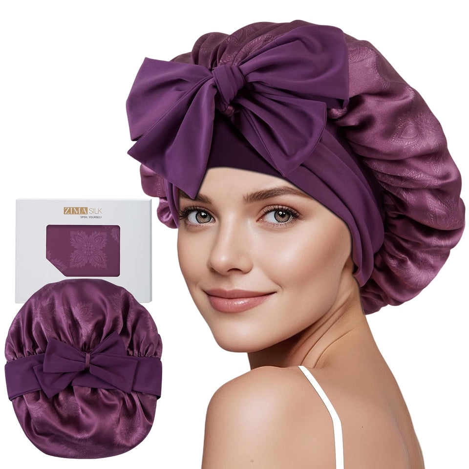 ZIMASILK bonnet—100 percent mulberry silk for gentle bedtime hair care.