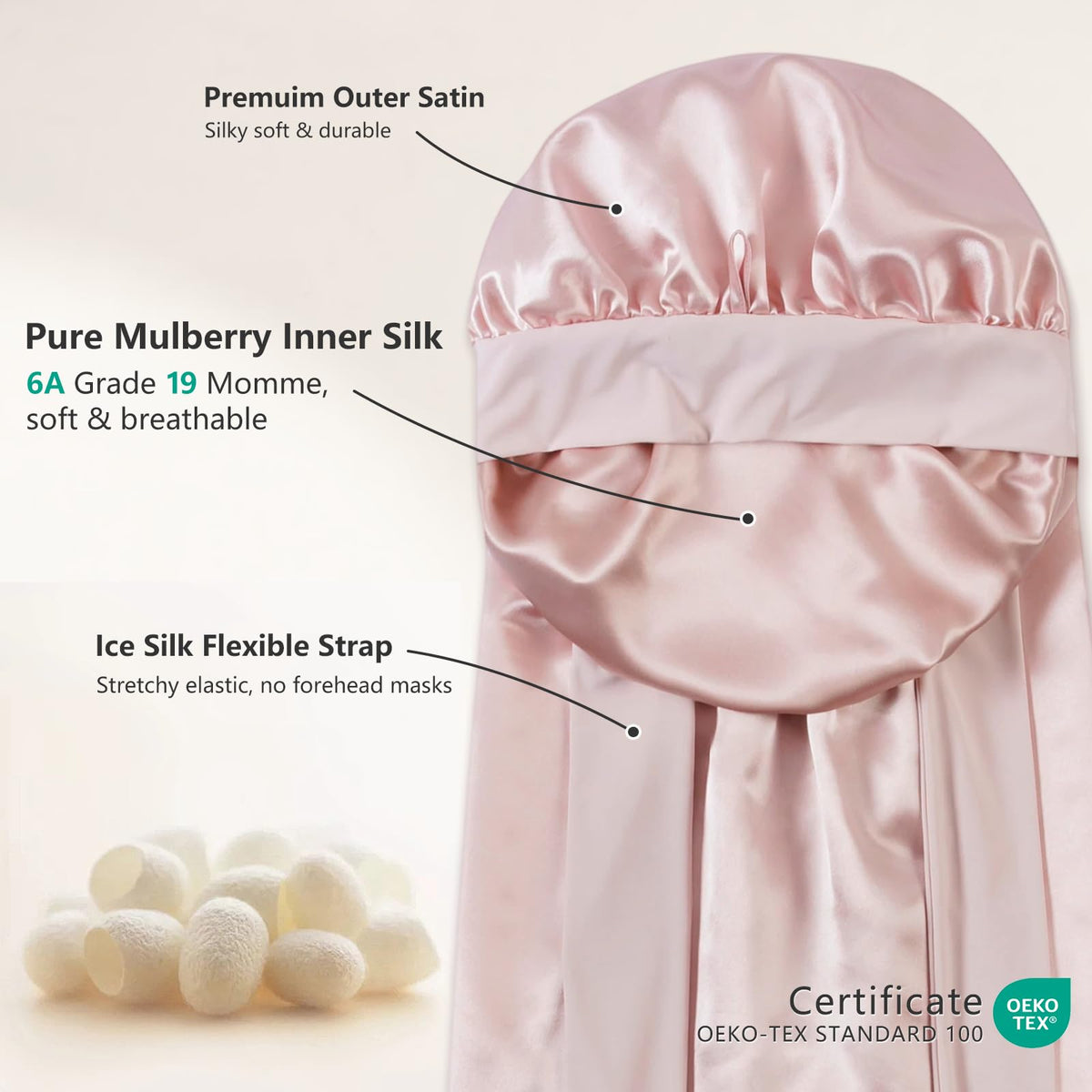 ZIMASILK double-layer silk bonnet interior for durable, gentle hair protection.