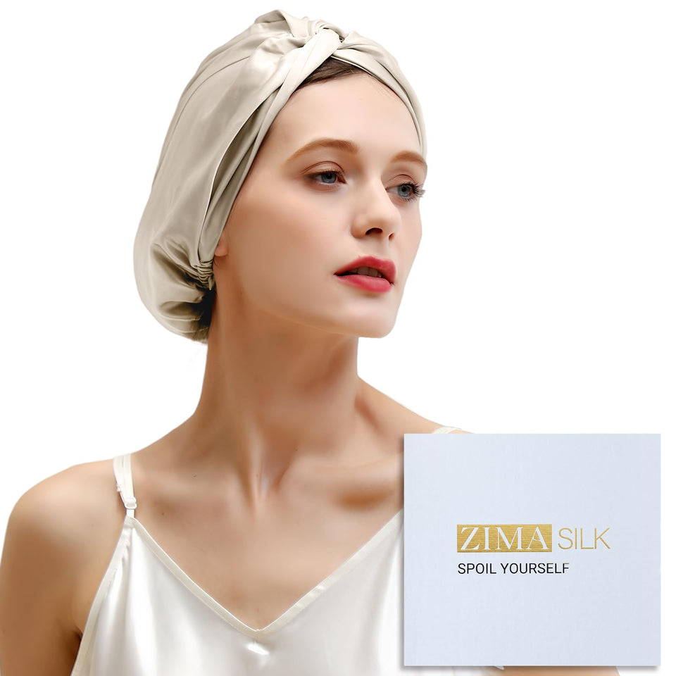 ZIMASILK silk bonnet cream side view showing gentle fit and low-friction surface