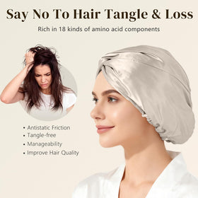 ZIMASILK silk bonnet cream wrapped on hair demonstrates tangle-free look