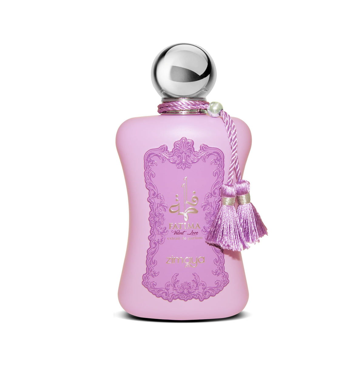 Zimaya Fatima Velvet Love bottle pour close-up, highlighting a lush fruity floral profile.