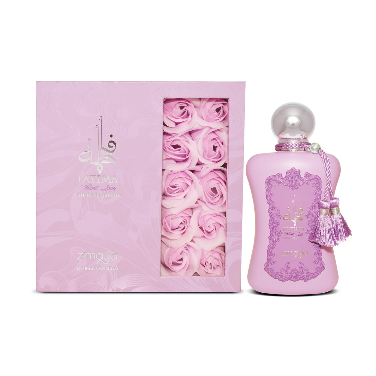 Zimaya Fatima Velvet Love fragrance notes close-up, featuring passionfruit and jasmine for day-long charm.