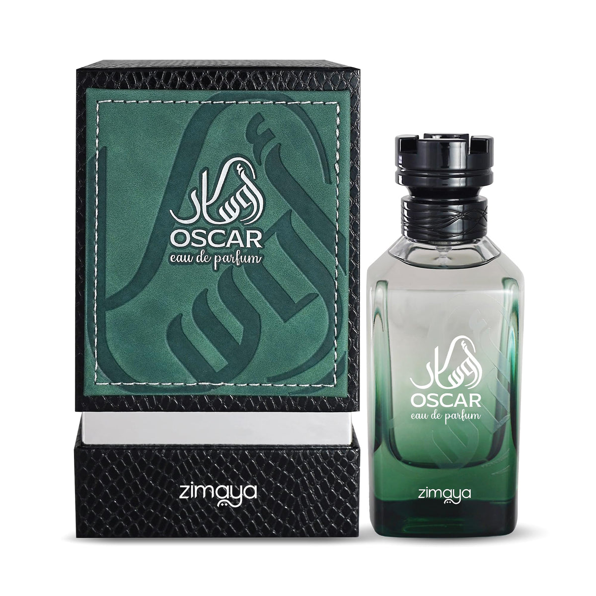 Zimaya Oscar for Men bottle side view, notes of cardamom and incense for confident days