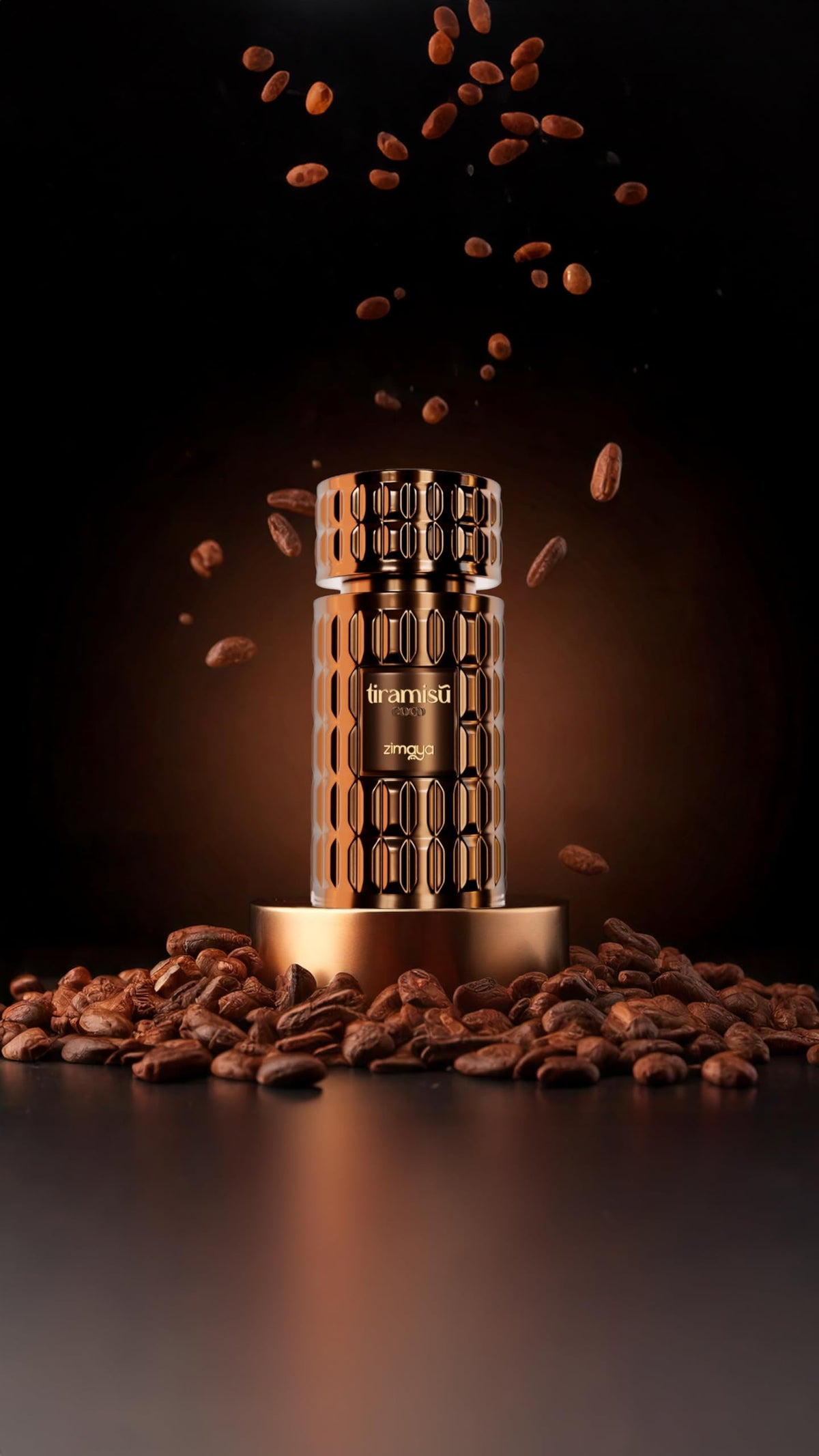 Amber-hued zimaya Tiramisu Coco bottle reflecting a rich, inviting fragrance.