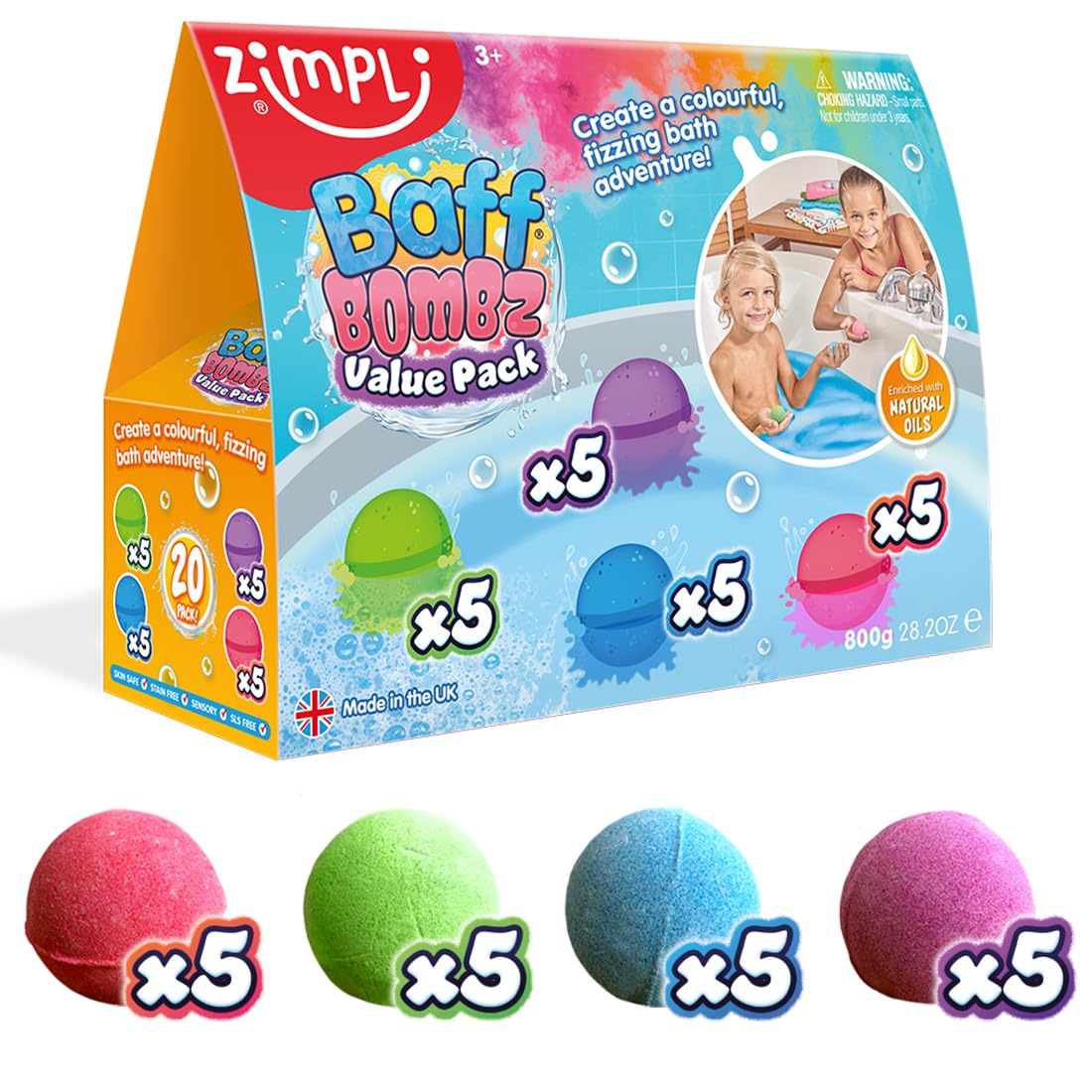 Zimpli Baff Bombz with assorted fruit scents in a tub for a multi-sensory bath.