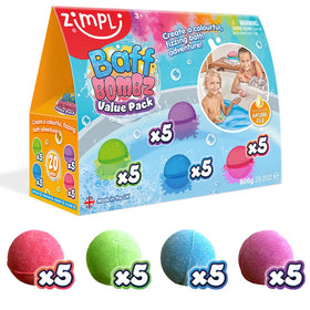 Zimpli Baff Bombz with assorted fruit scents in a tub for a multi-sensory bath.
