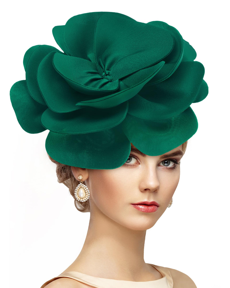 Zinniday green large flower fascinator headband adds drama to weddings while staying comfortably secure.