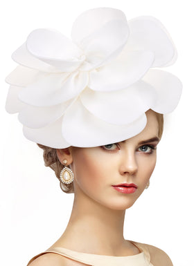 Zinniday white large flower fascinator headband ideal for elegant weddings and upscale events