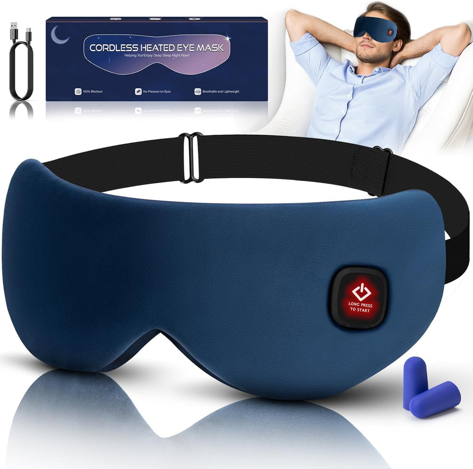 Zinpaza cordless heated eye mask in packaging for portable relaxation.