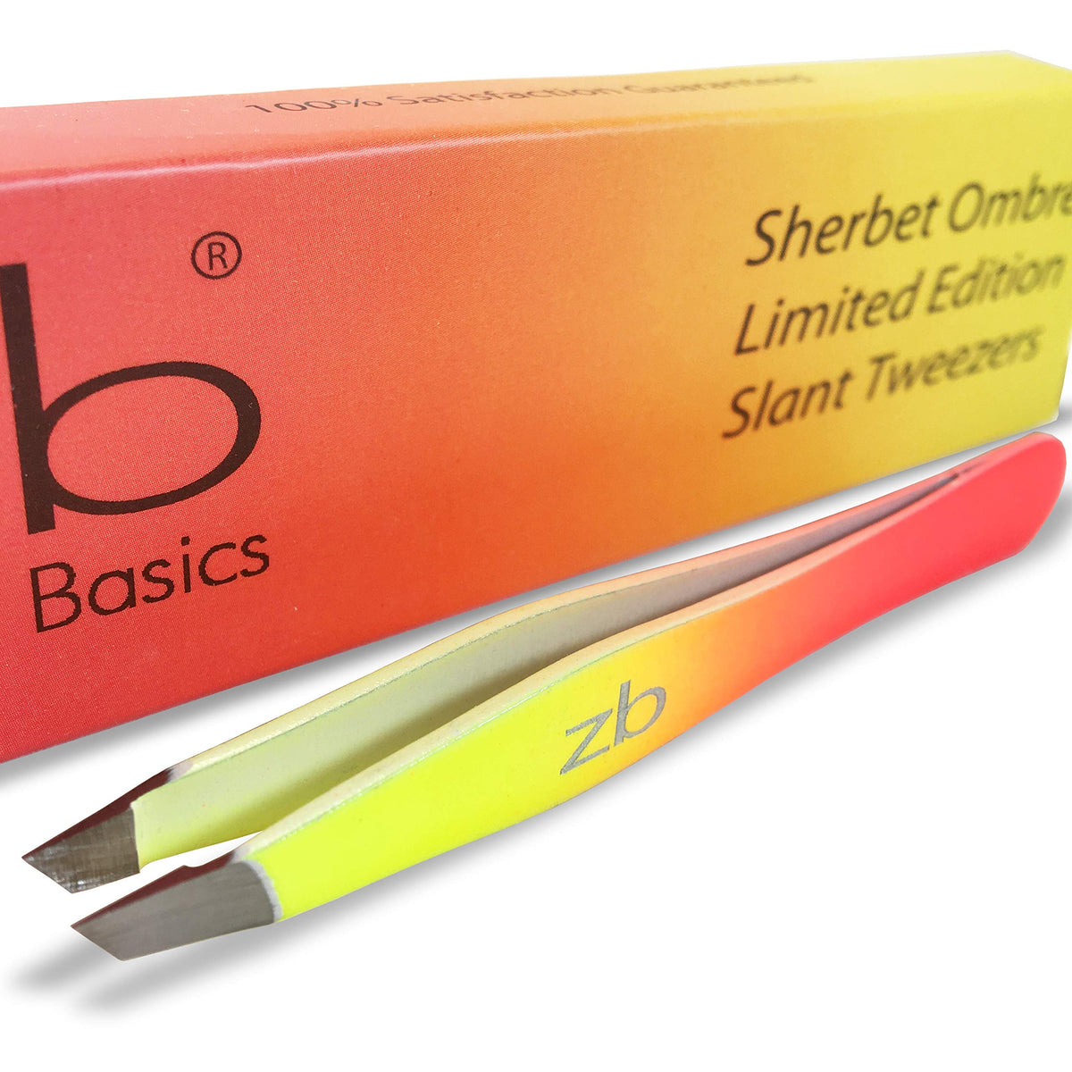 Zizzili Basics tweezers with sherbet ombre slant tips for precise brow shaping.