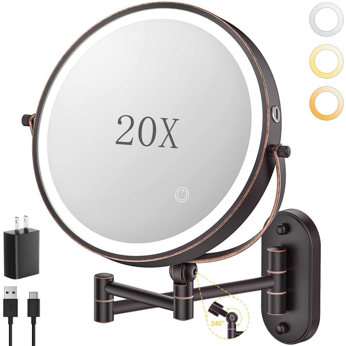 ZLOKLA 9-inch wall-mounted makeup mirror with bronze finish and extended arm for flexible viewing.