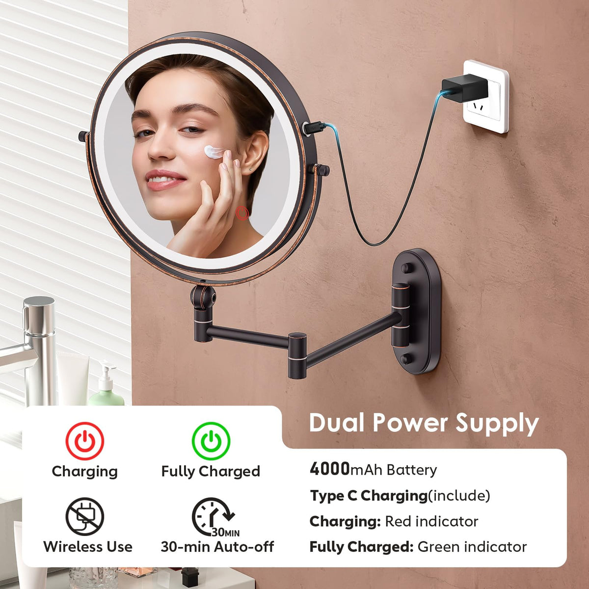 ZLOKLA rechargeable mirror with Type-C charger offers cordless convenience.