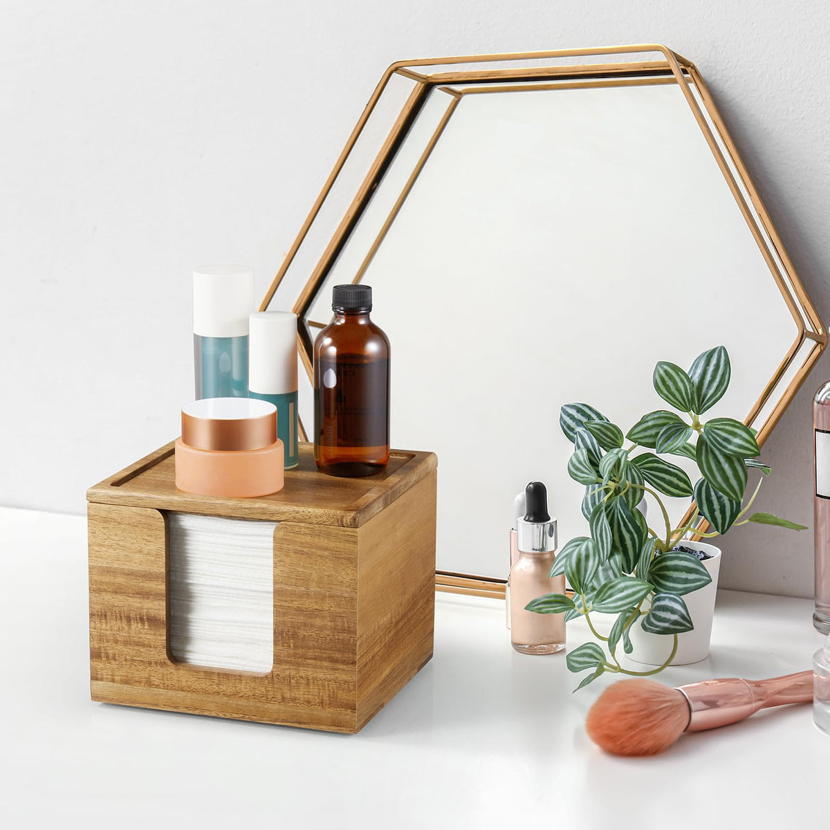 ZMZKKLL acacia wood container adds rustic-modern vanity decor.