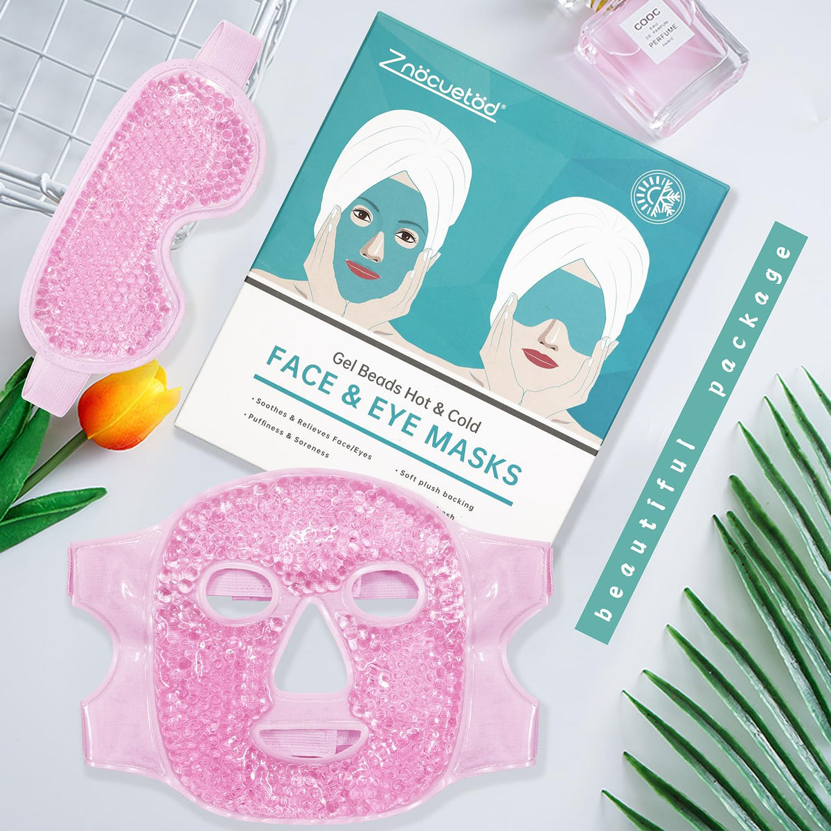ZNÖCUETÖD face mask in pink provides cooling or warming therapy for the face.