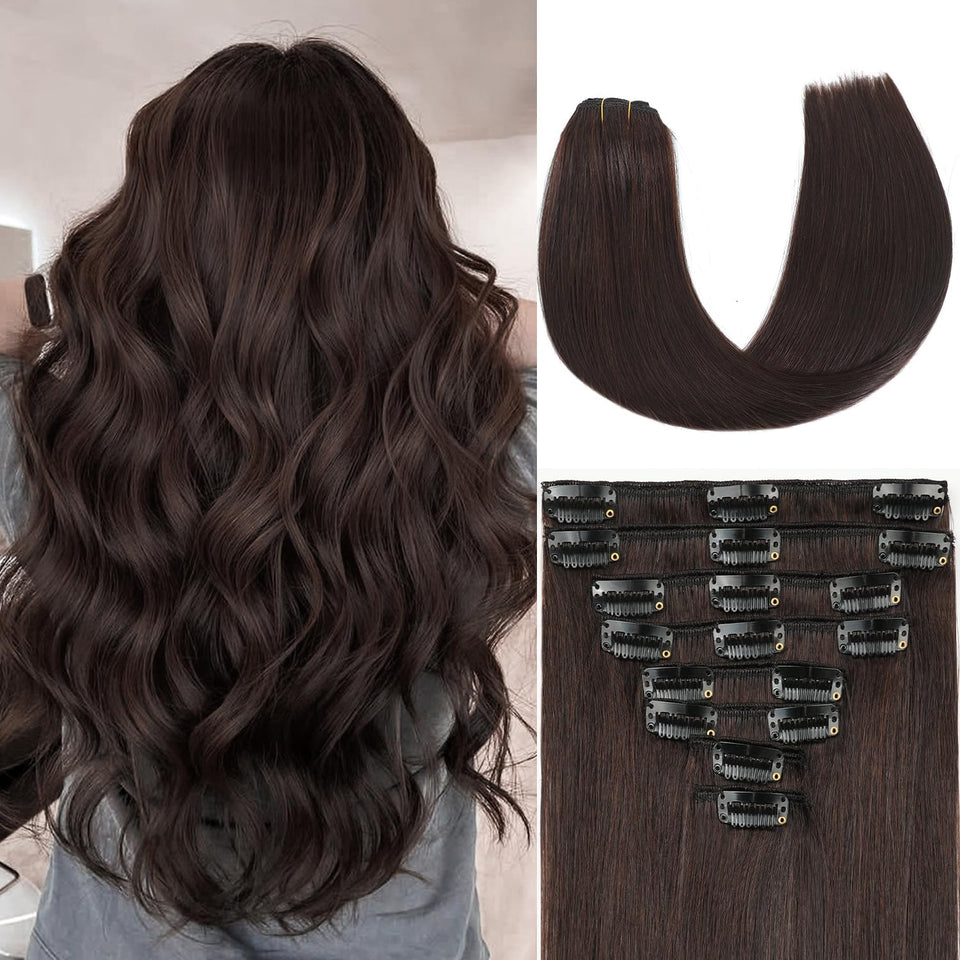 ZNXDJXE dark brown clip-in extensions pack for instant volume and natural look.
