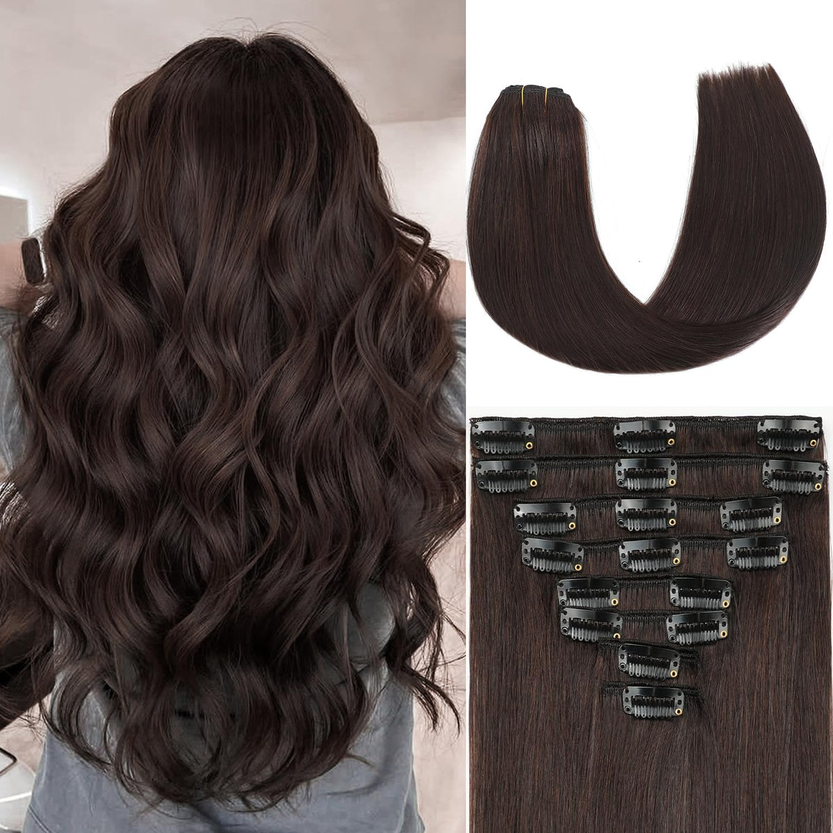 ZNXDJXE dark brown clip-in extensions closeup for natural blend