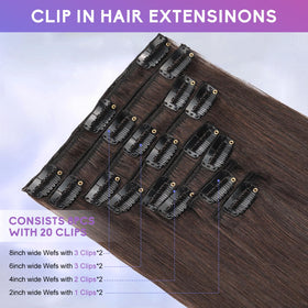 ZNXDJXE dark brown clip-in extensions held in hand for length check