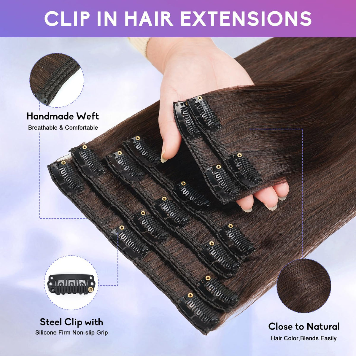 ZNXDJXE double-weft construction clip-ins provide durable wear and secure hold.