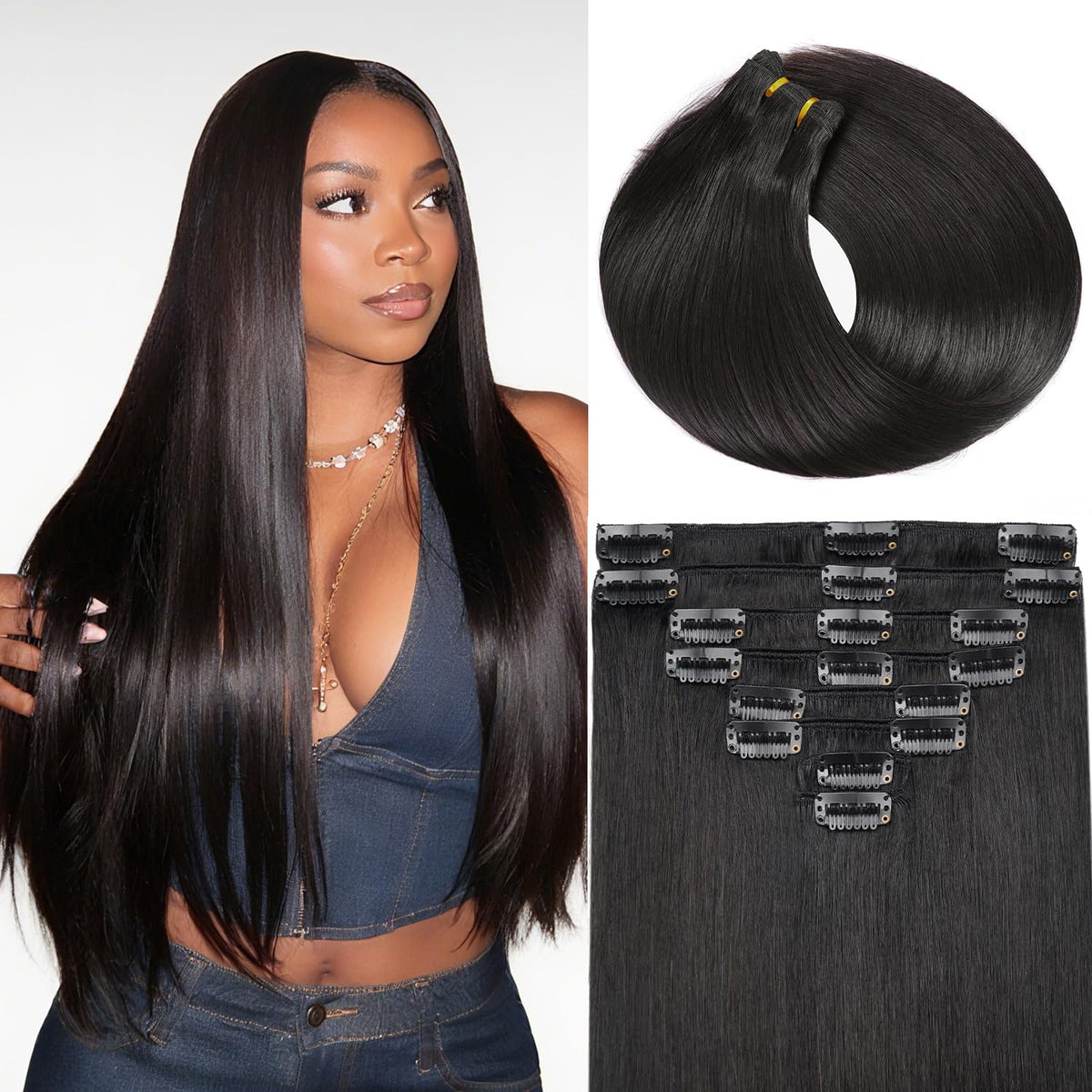 ZNXDJXE real Remy hair clip-in extensions blended for natural length and volume.
