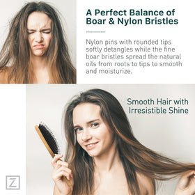 Zollo boar-bristle detangler glides through hair with gentle detangling.