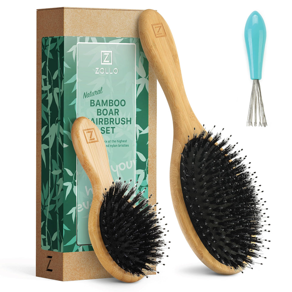 Zollo natural boar-bristle hair brush distributes oils for smoother, shinier hair.