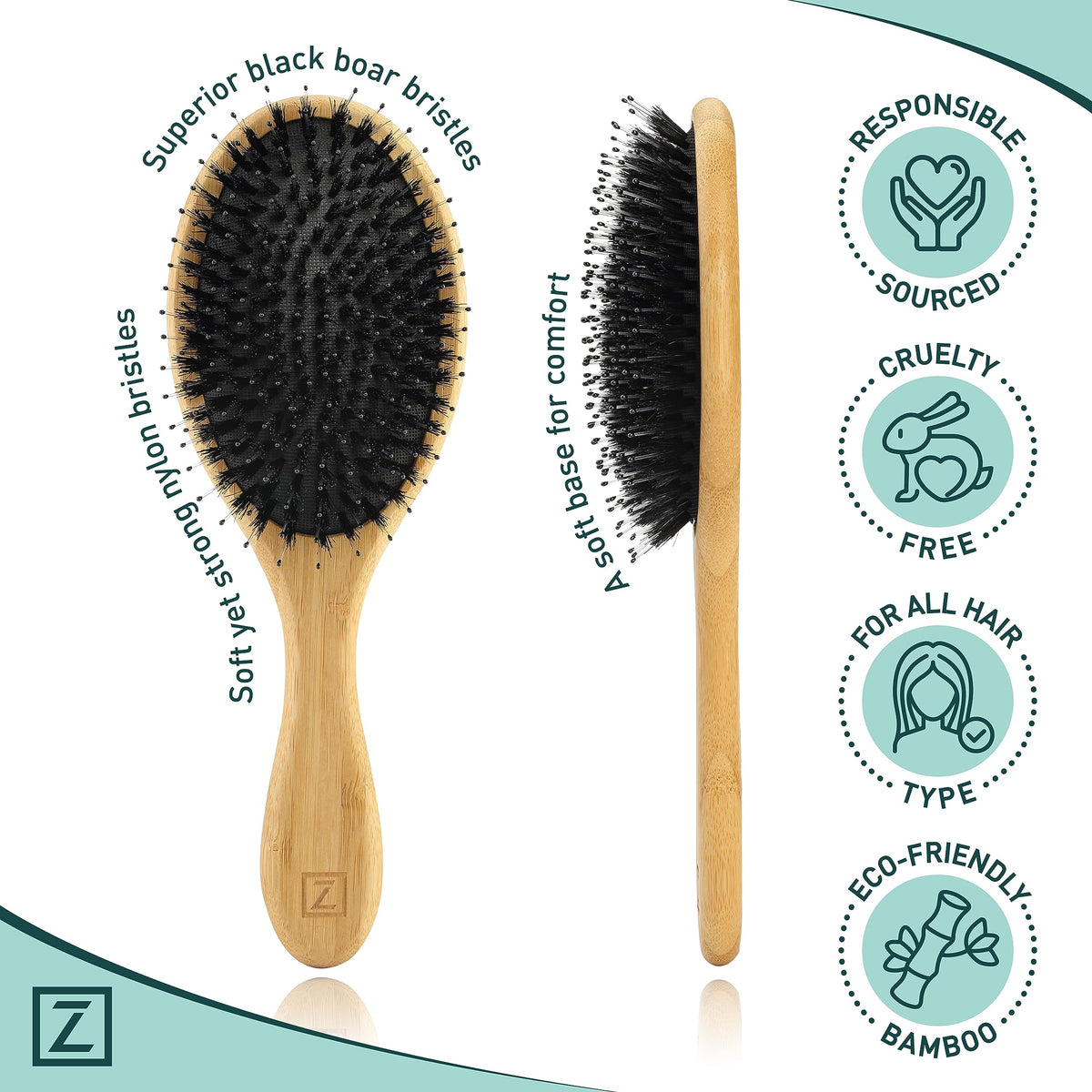 Zollo nylon-bristle soft tips detangle without snagging or pulling hair.