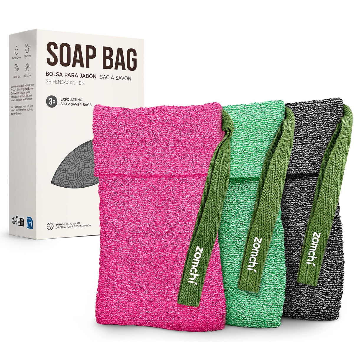 ZOMCHI 3-pack exfoliating soap bags for deep cleansing and extended soap life.