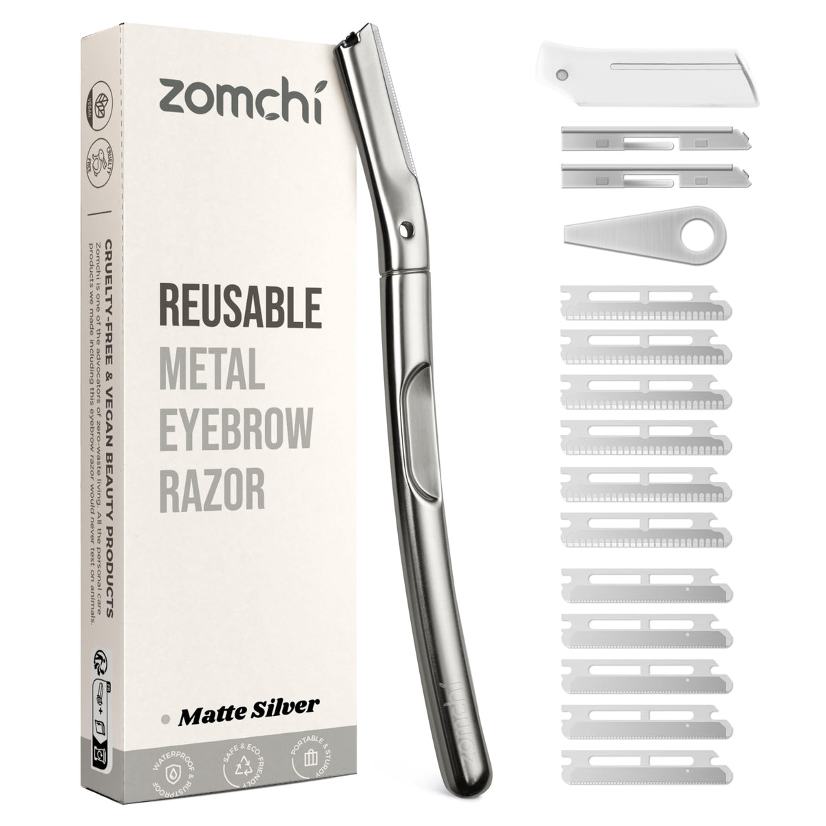 ZOMCHI dermaplaning tool with 11 blades pack for at-home exfoliation and fuzz removal.
