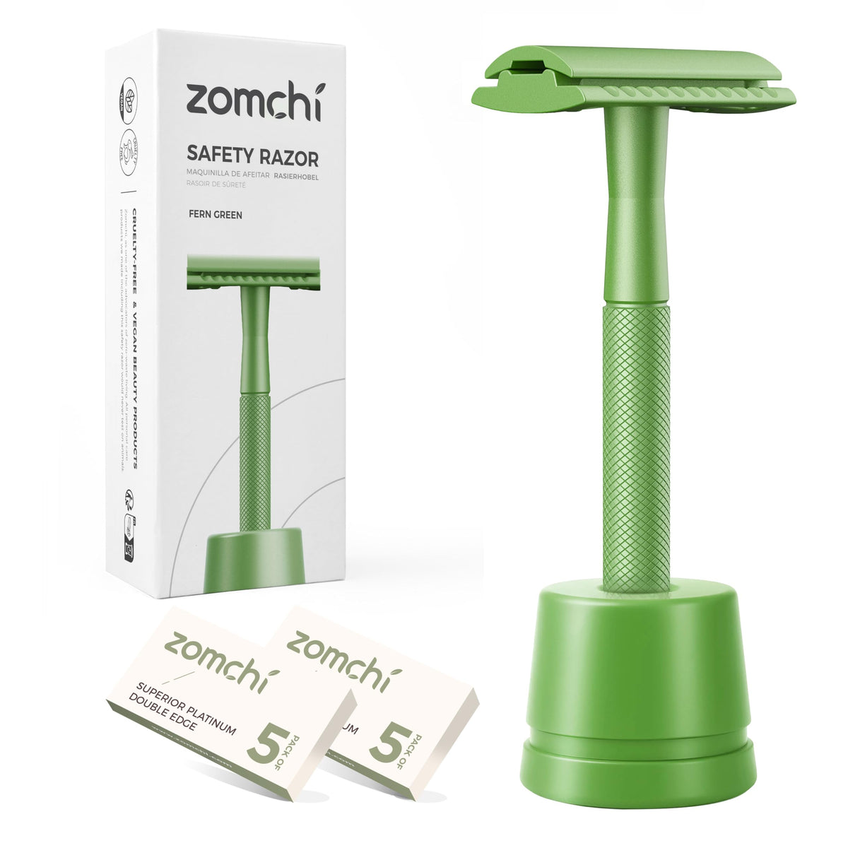 ZOMCHI double-edge razor in fern green for a precise, comfortable shave.