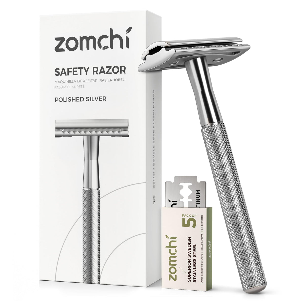 ZOMCHI double-edge razor front view with sleek metal design for a precise shave