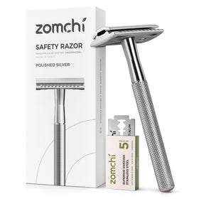 ZOMCHI double-edge razor front view with sleek metal design for a precise shave