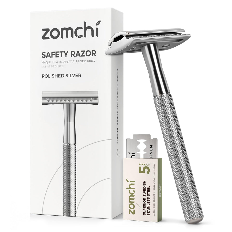 ZOMCHI double-edge razor front view with sleek metal design for a precise shave