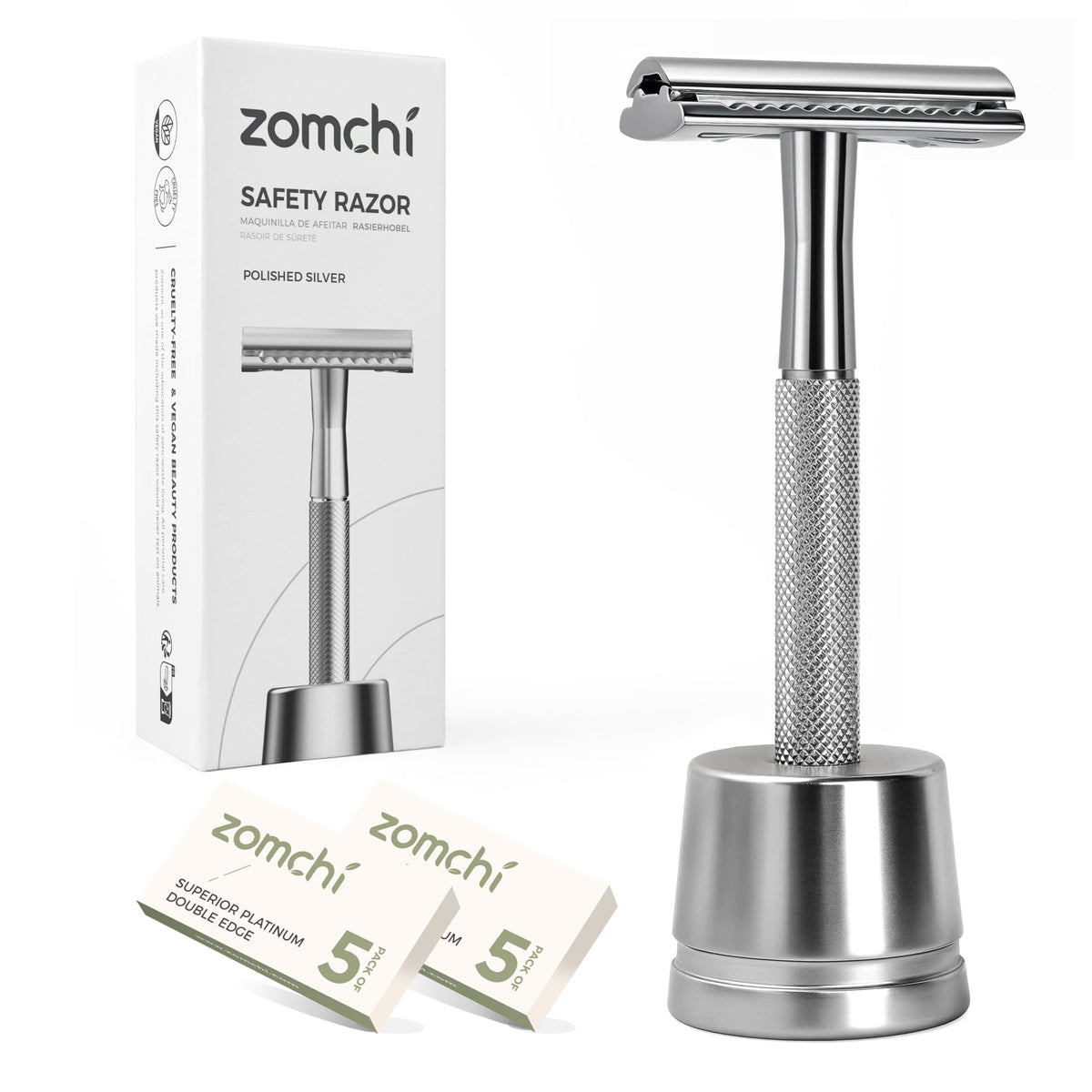 ZOMCHI double-edge safety razor with stand for a tidy grooming station
