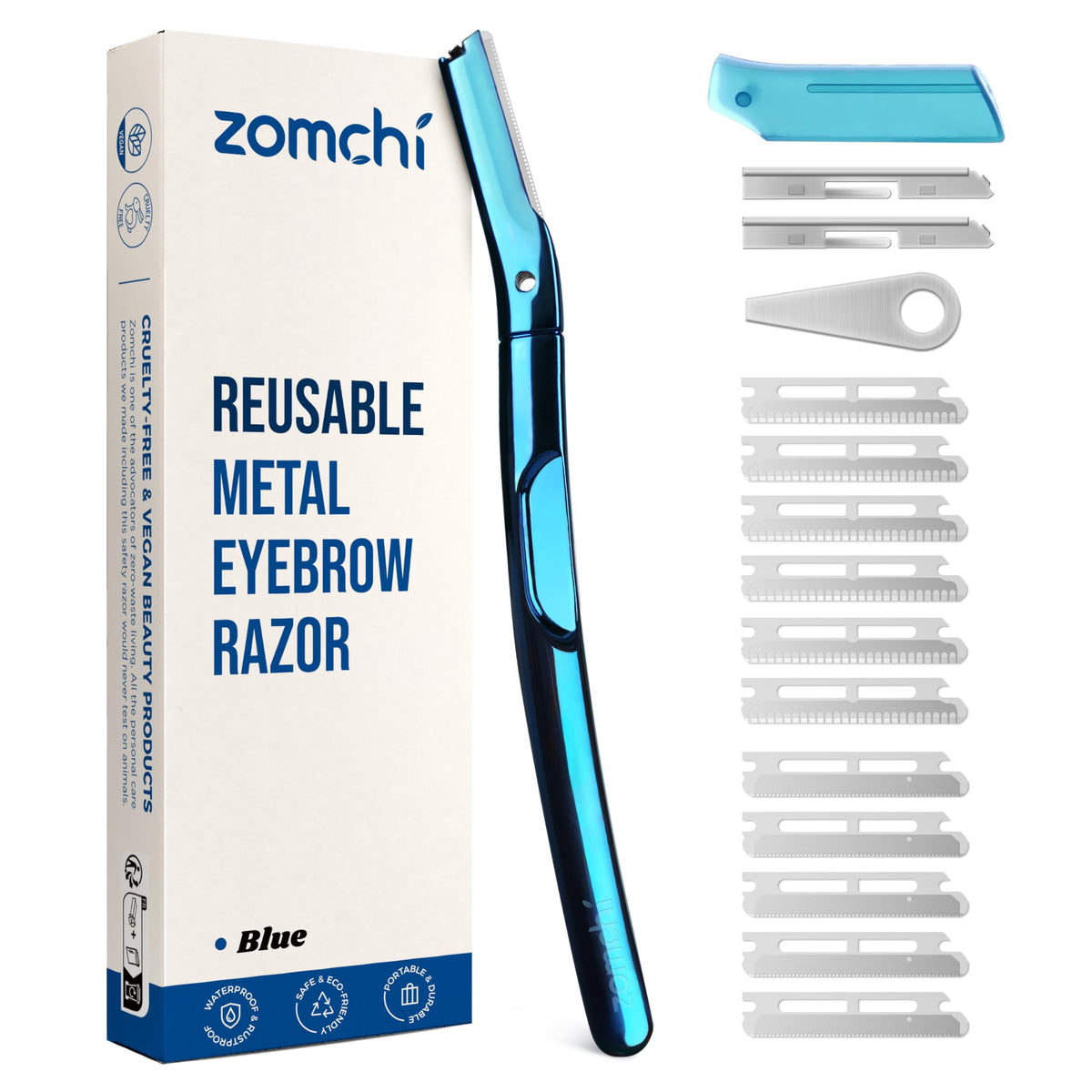 ZOMCHI eyebrow razor with blue metallic handle for precise brow shaping and comfort