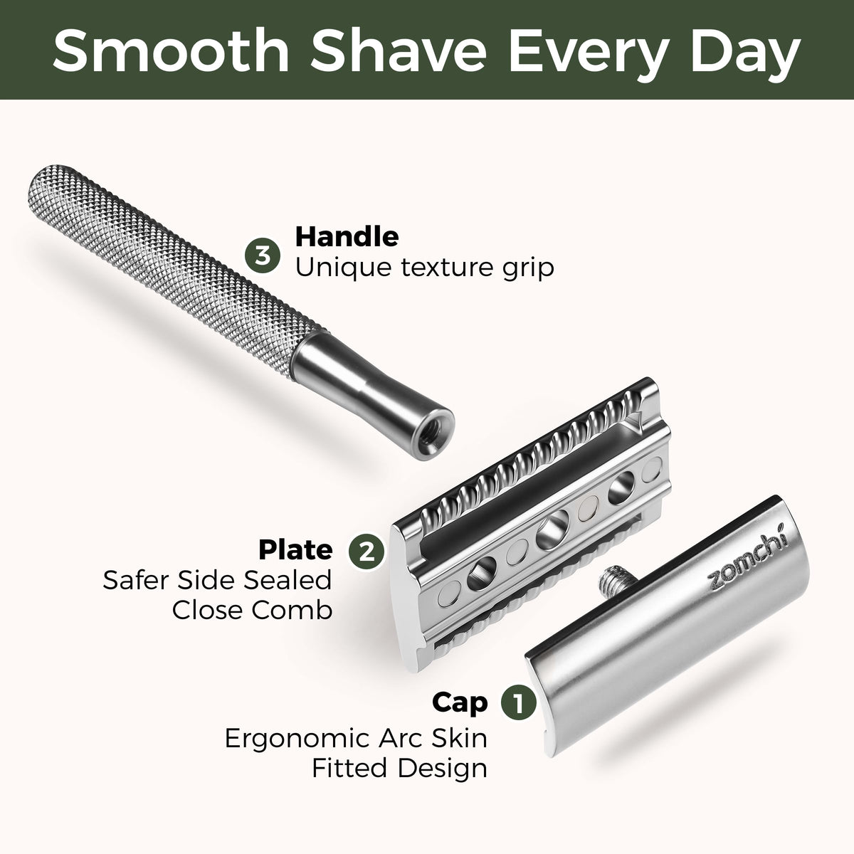 Close-up of ZOMCHI metal razor handle showing ergonomic grip