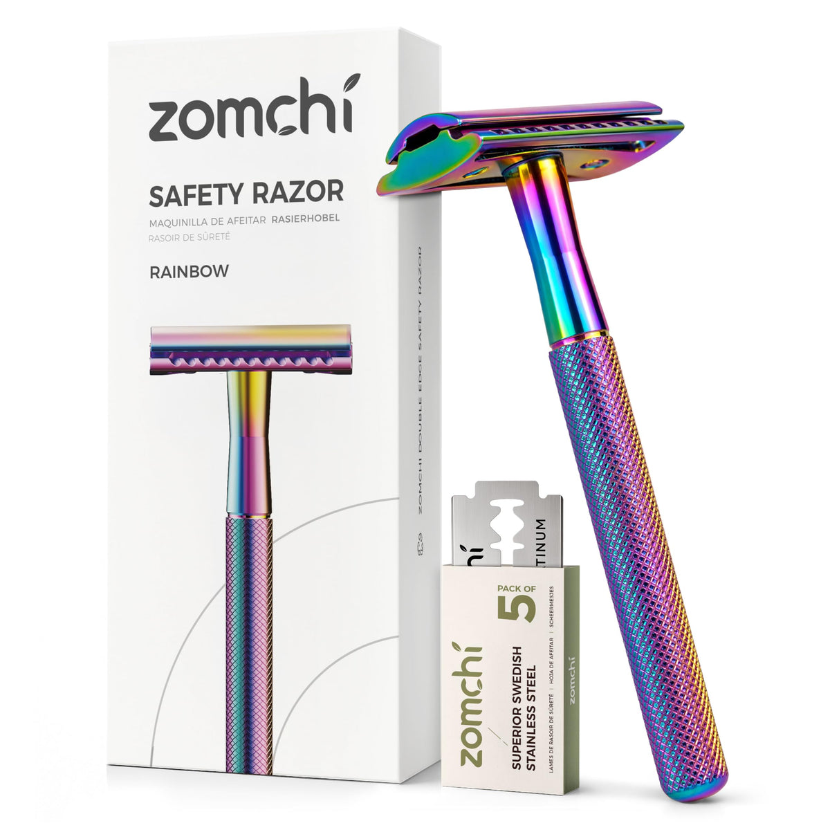 ZOMCHI Rainbow double-edge razor handle close-up for precise shaving