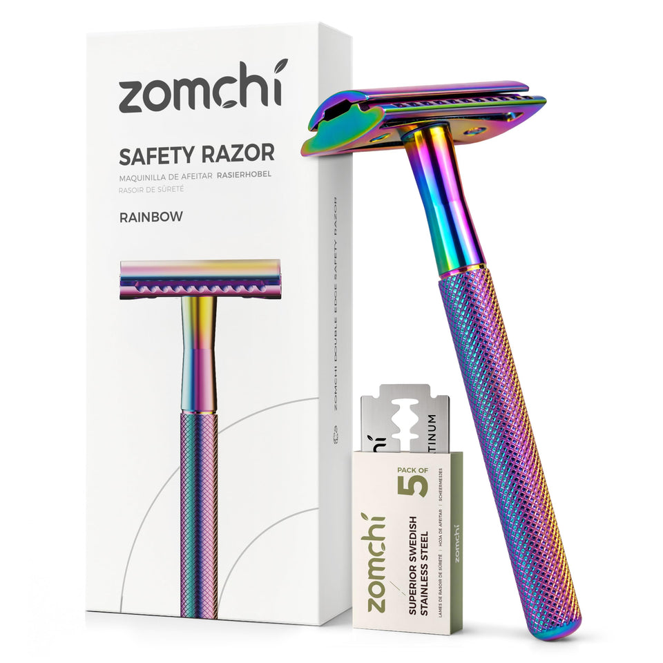 ZOMCHI Rainbow double-edge razor handle close-up for precise shaving