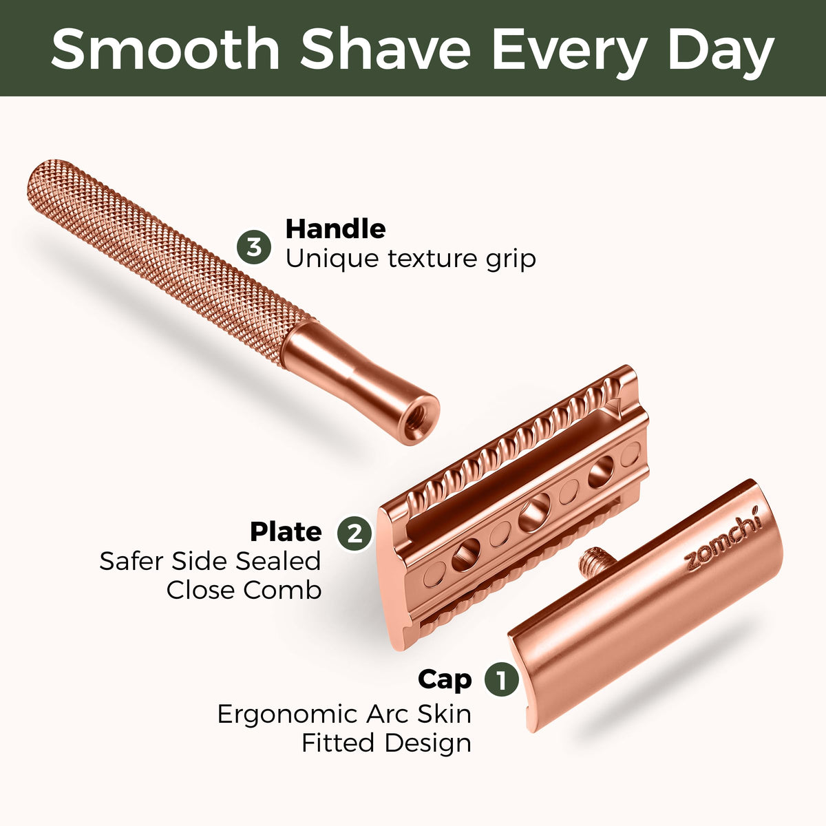 Closeup of ZOMCHI rose gold handle for a comfortable grip during shaving.
