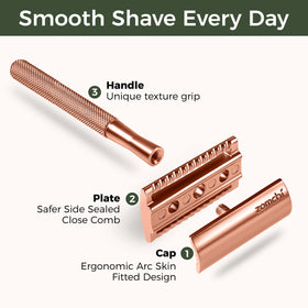 Closeup of ZOMCHI rose gold handle for a comfortable grip during shaving.