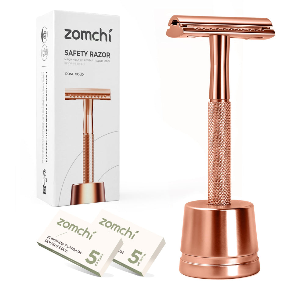 ZOMCHI rose gold safety razor delivers precise, close shaves for legs and skin.