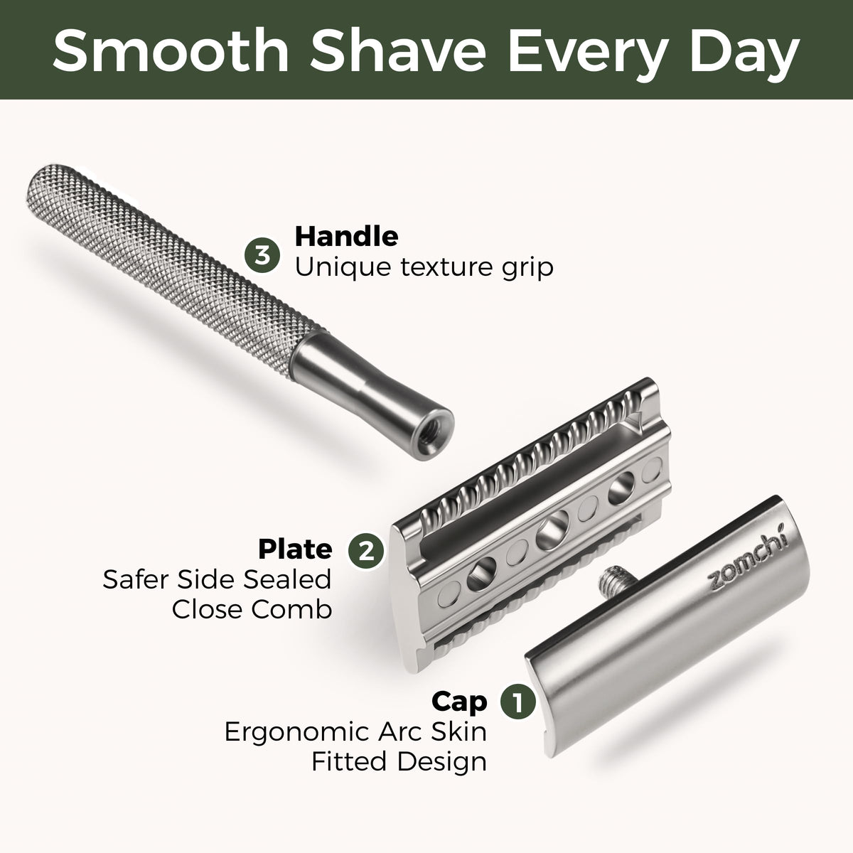 ZOMCHI chrome brass stand keeps the razor dry and rust-free.