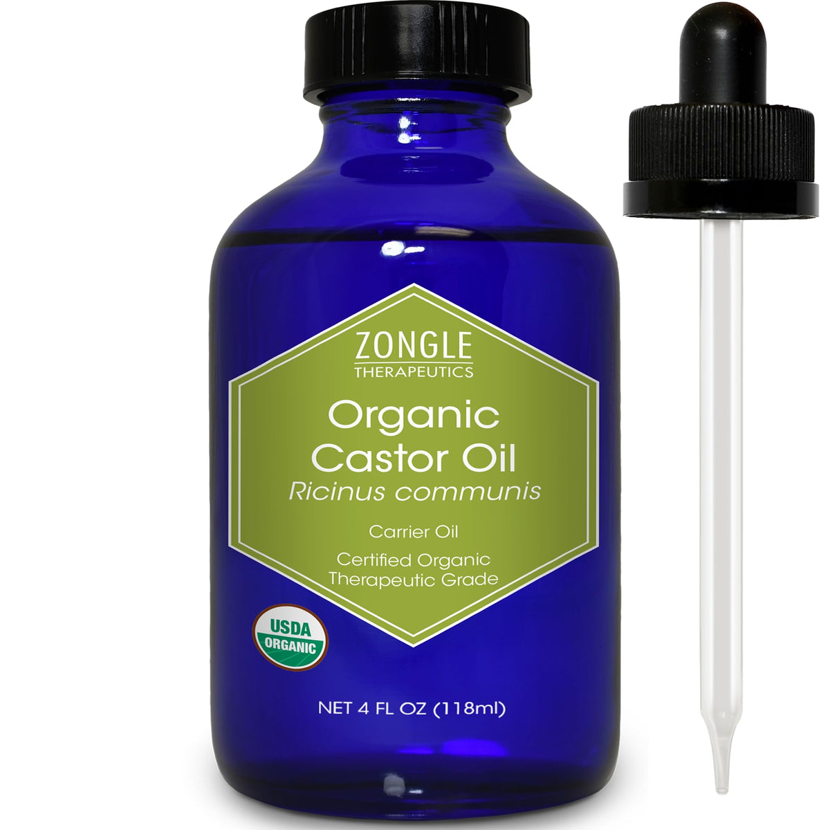 Zongle Therapeutics castor oil bottle close-up in glass packaging, premium quality.