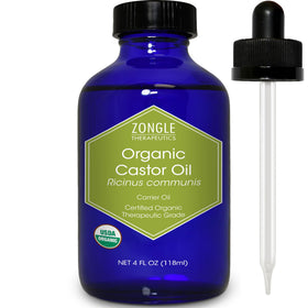 Zongle Therapeutics castor oil bottle close-up in glass packaging, premium quality.
