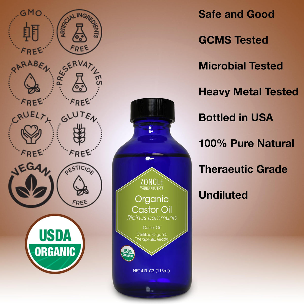 Zongle Therapeutics castor oil label highlighting organic ingredients and safety.