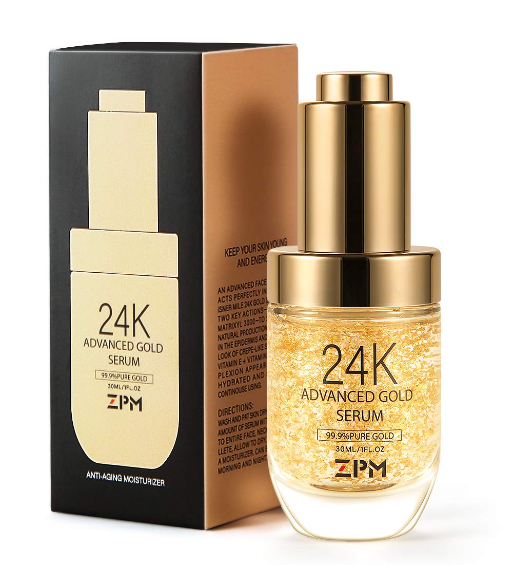 ZPM 24K Gold Serum key actives icons highlight Vitamin C, Hyaluronic Acid, Vitamin E.