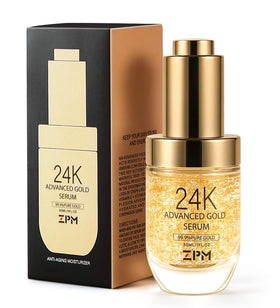 ZPM 24K Gold Serum key actives icons highlight Vitamin C, Hyaluronic Acid, Vitamin E.