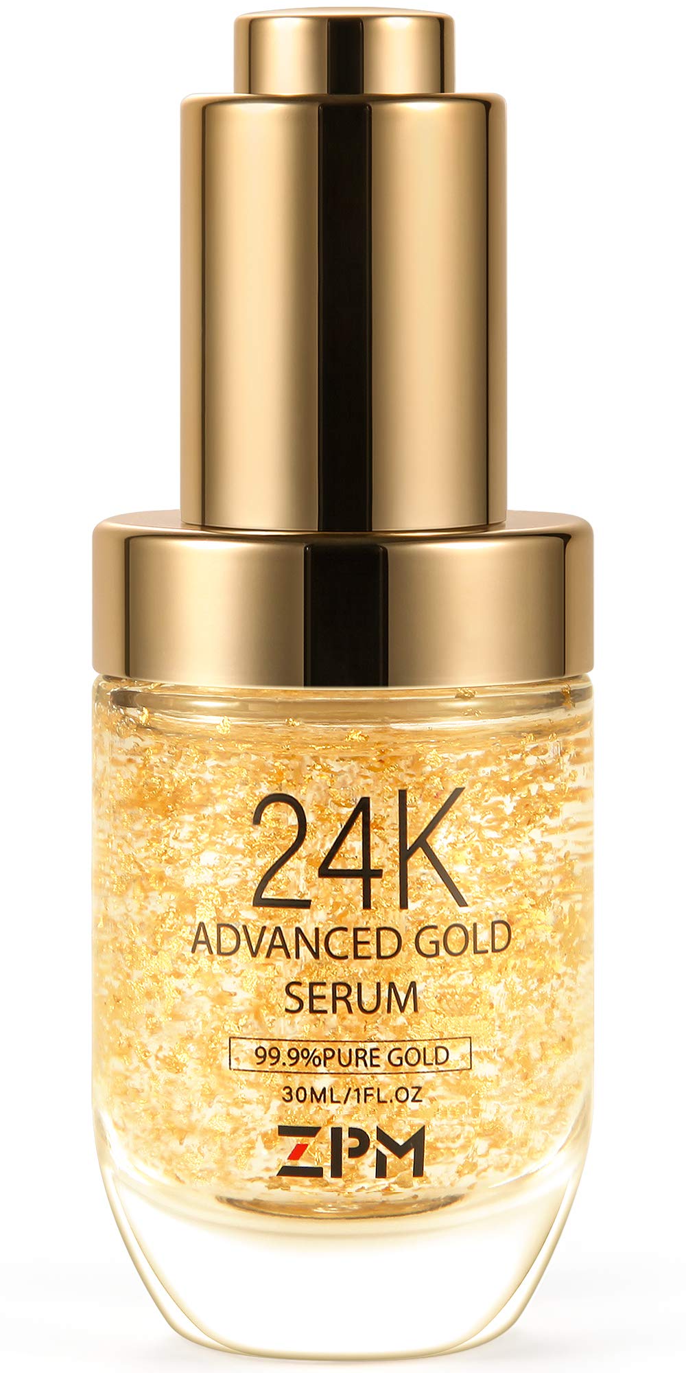 ZPM 24K Gold Serum bottle close-up highlighting rich hydration for radiant skin.