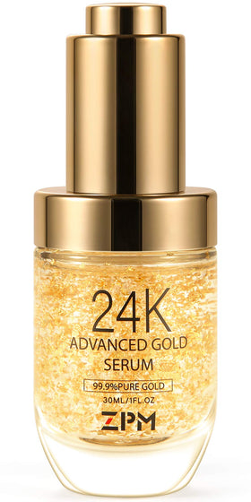 ZPM 24K Gold Serum bottle close-up highlighting rich hydration for radiant skin.
